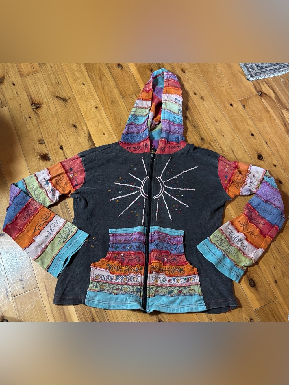 Rising International Charcoal Hooded Zip Up Sweatshirt Sunburst Girl’s XL Hippie